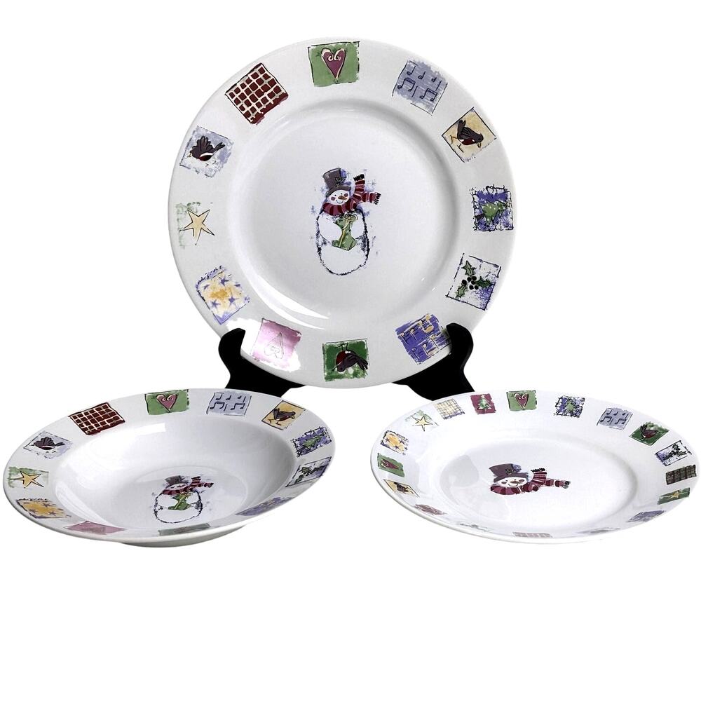 Gibson Concord Collection 2001 Snowman Patchwork 3-PC Place Setting-Excellent
